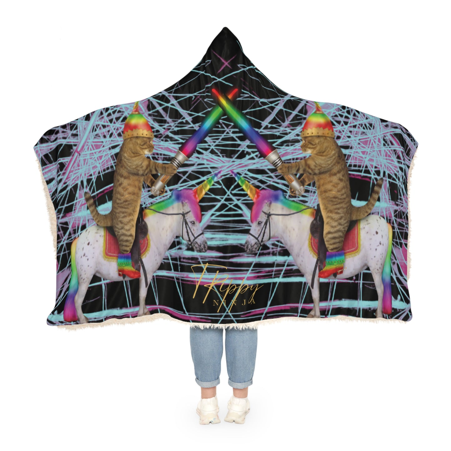 Trippy Kitty Unicorn Swordfight Snuggle Blanket