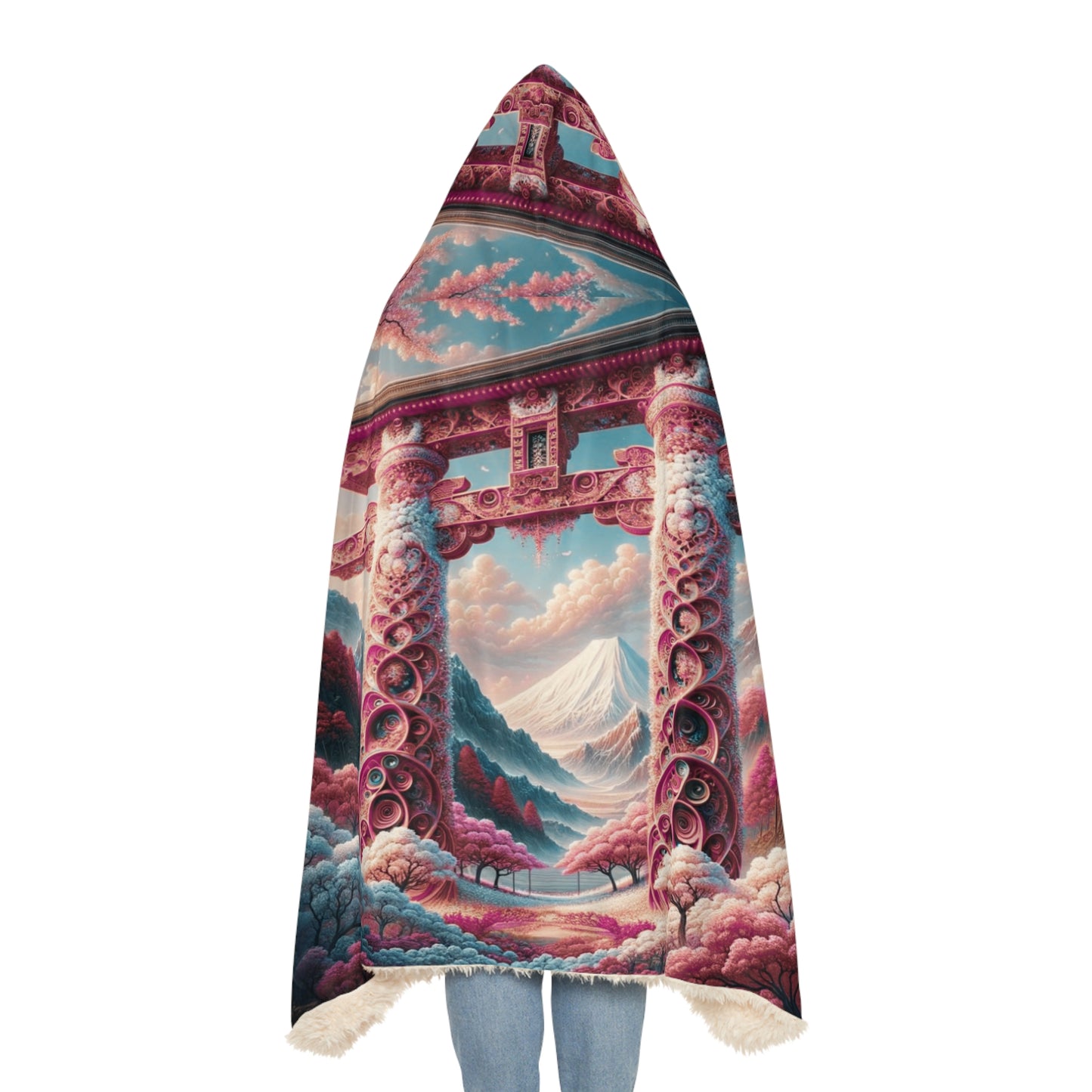 Japanese Arches and Cherry Blossoms Hooded Blanket