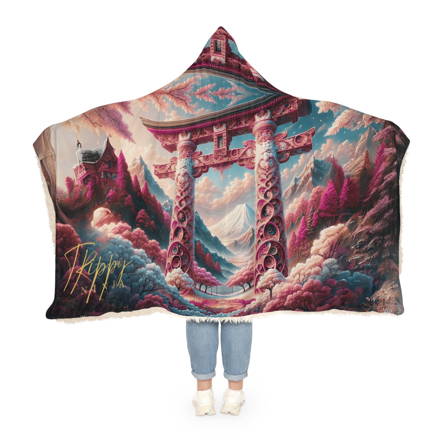 Japanese Arches and Cherry Blossoms Hooded Blanket