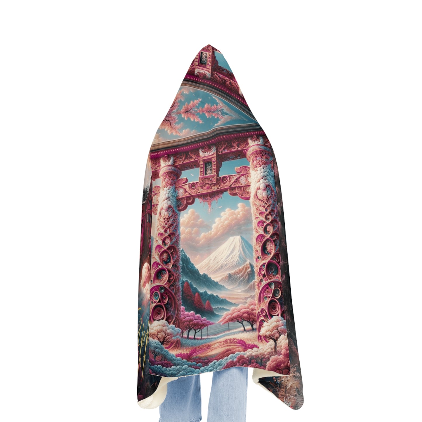 Japanese Arches and Cherry Blossoms Hooded Blanket