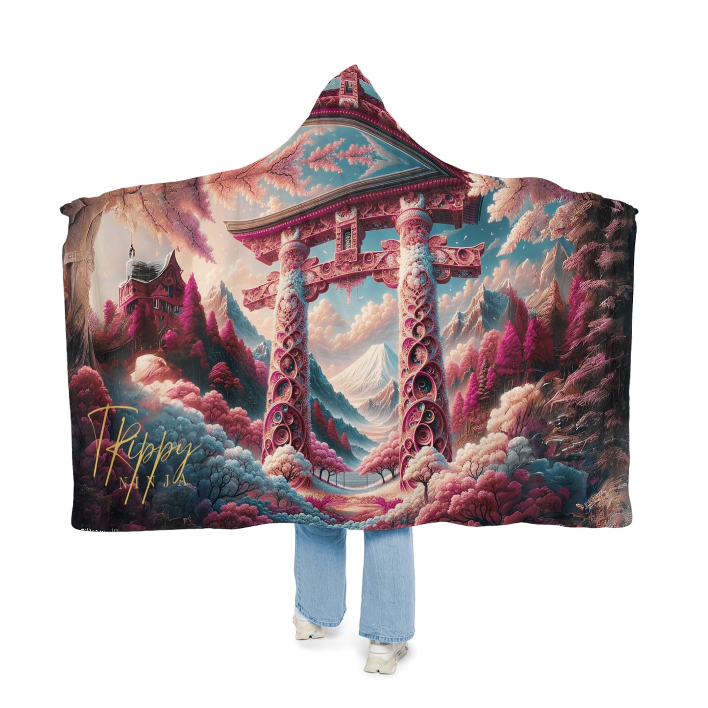 Japanese Arches and Cherry Blossoms Hooded Blanket