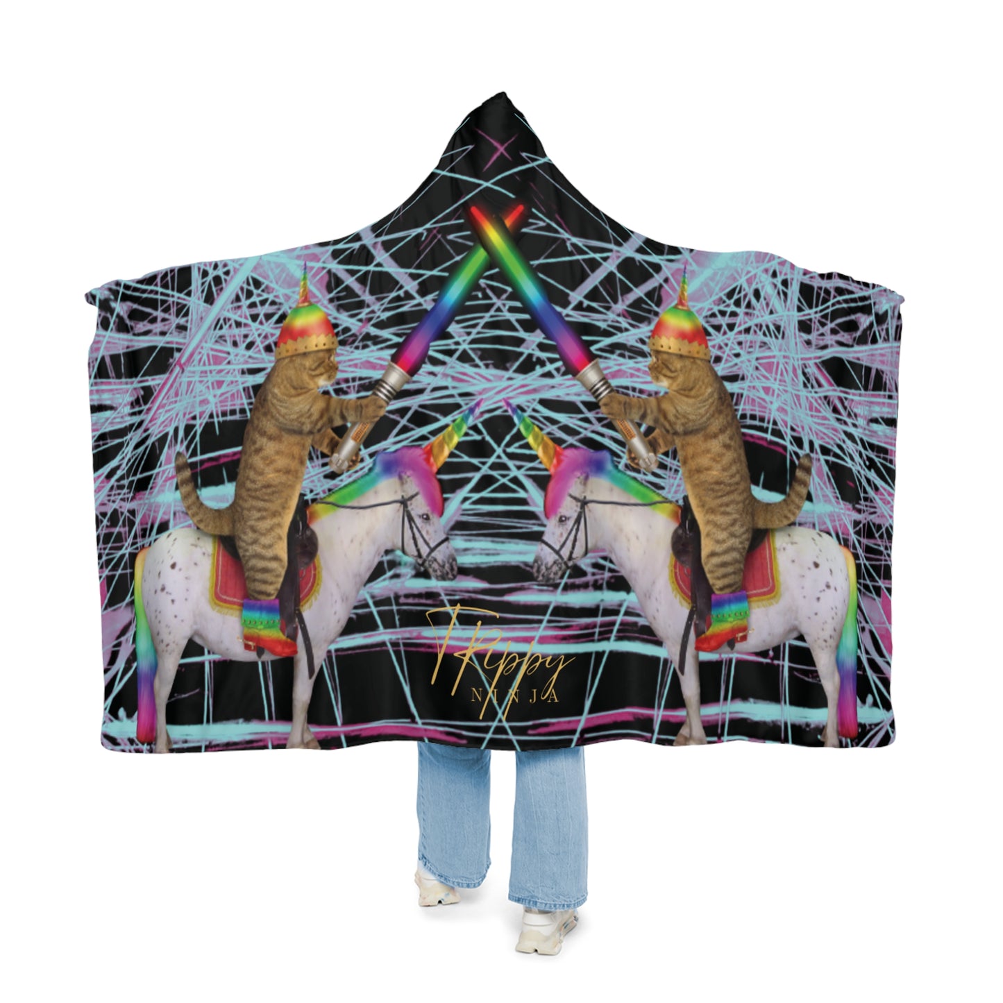Trippy Kitty Unicorn Swordfight Snuggle Blanket