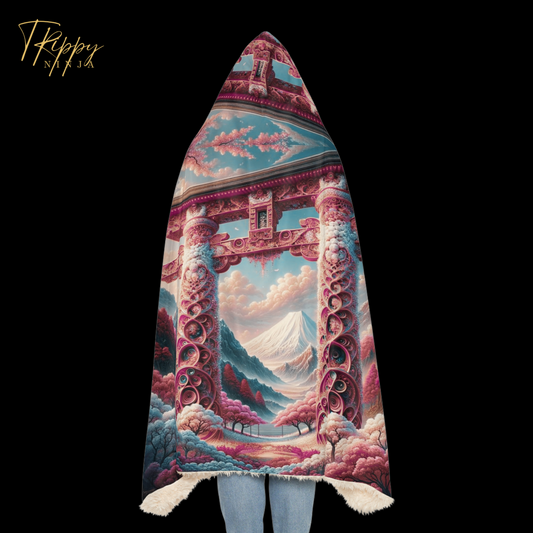 Japanese Arches and Cherry Blossoms Hooded Blanket